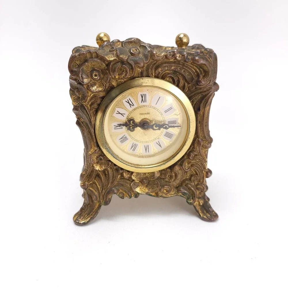 Antique Mercedes Shelf Mantle Clock Bronze Gold Tone Wind Up Working